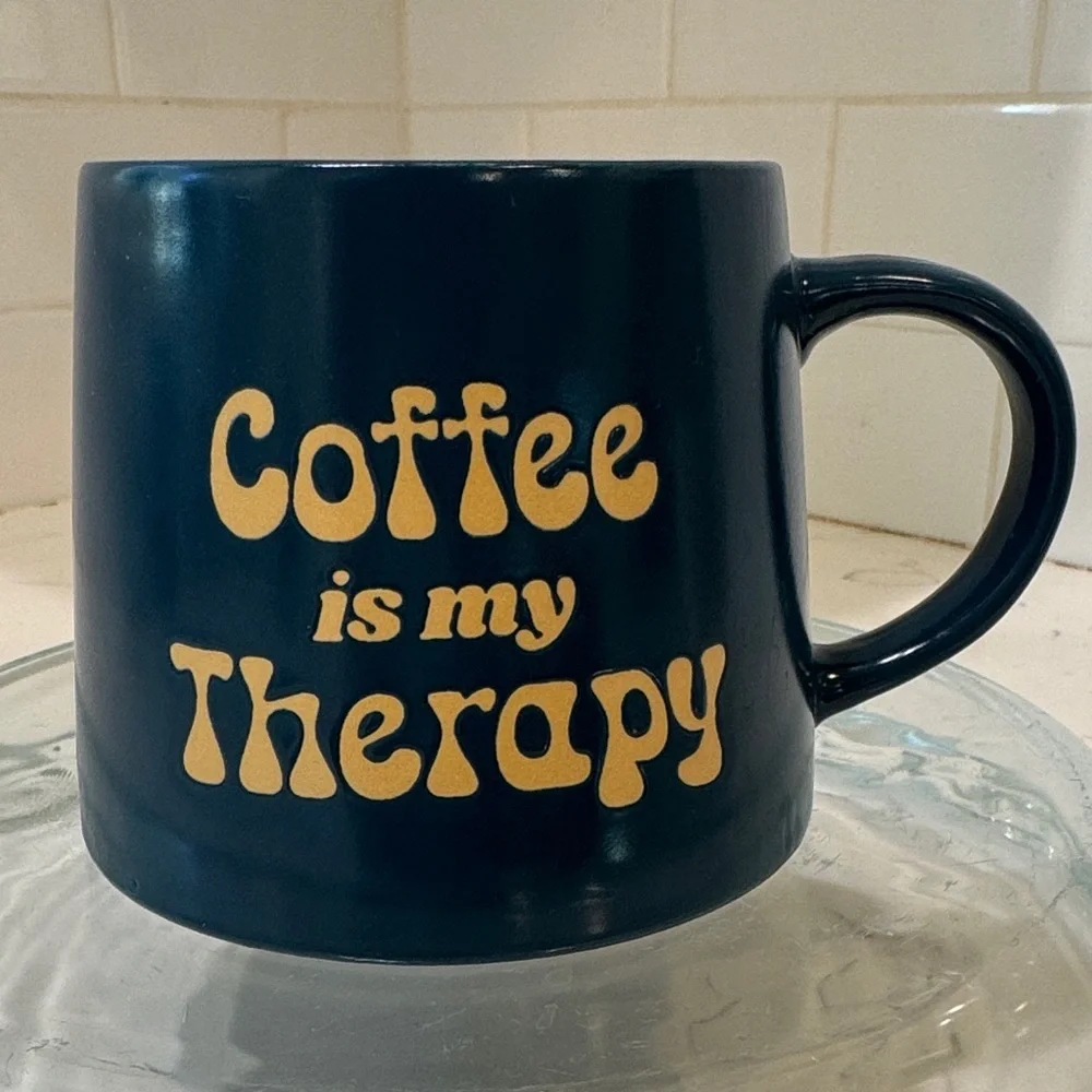 Coffee is My Therapy Navy Blue Coffee Mug with Gold Text